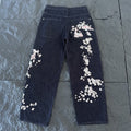 derschutze American retro heavy embroidery washed distressed jeans, unisex loose wide-leg trendy trousers