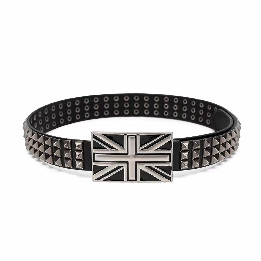 REBEL WAVE 26ss Union Flag Metal Pyramid Studded Cowhide Belt Punk