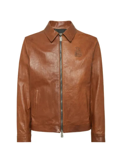 Billionaire logo-embroidered leather jacket