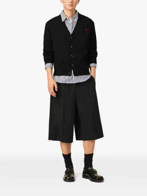 AMI Paris black V-neck wool cardigan with Ami de Coeur
