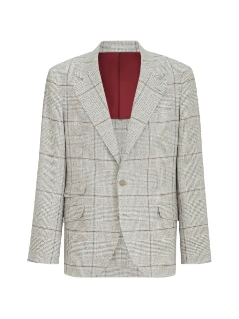 Brunello Cucinelli silk, wool and cashmere Prince-of-Wales flannel deconstructed Cavallo blazer with metal buttons