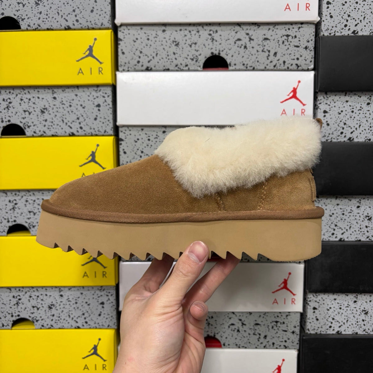 UGG Kallen Fold-Over Shearling Mule – Suede Open-Back Slipper with Cream Shearling Cuff & Chunky Lug Platform Sole in Chestnut