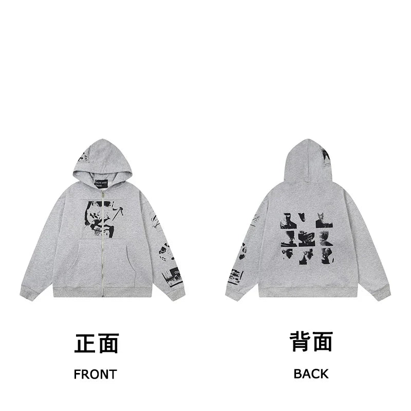 ERD Nine Portraits Graphic Zip-Up Hoodie — Flower Grey