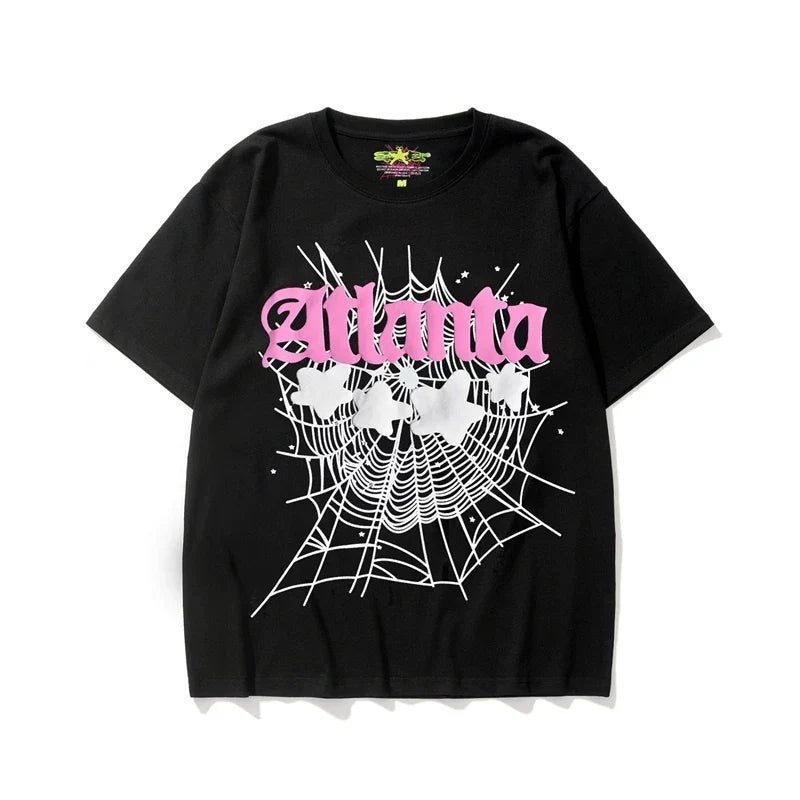 Sp5der Atlanta Web & White Stars Graphic Black Short Sleeve T-Shirt