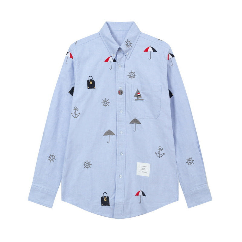 Men's Nautical Print Long-Sleeve Shirt — White & Blue | Thom Browne