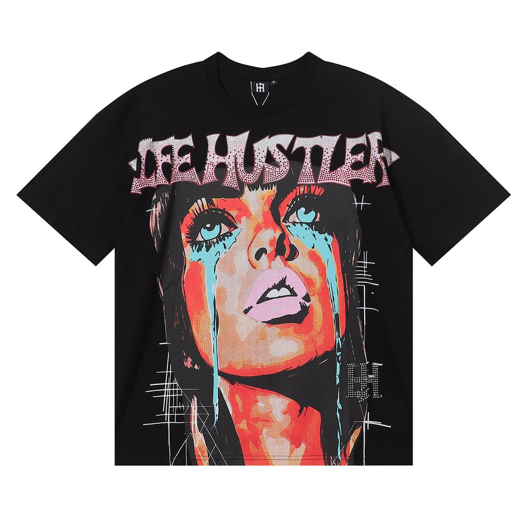 Life Hustlere Crying Woman Rhinestone Graphic T-Shirt