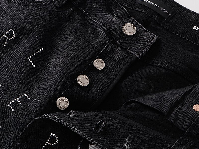 Purple Brand Black Rhinestone Graphic Denim Shorts
