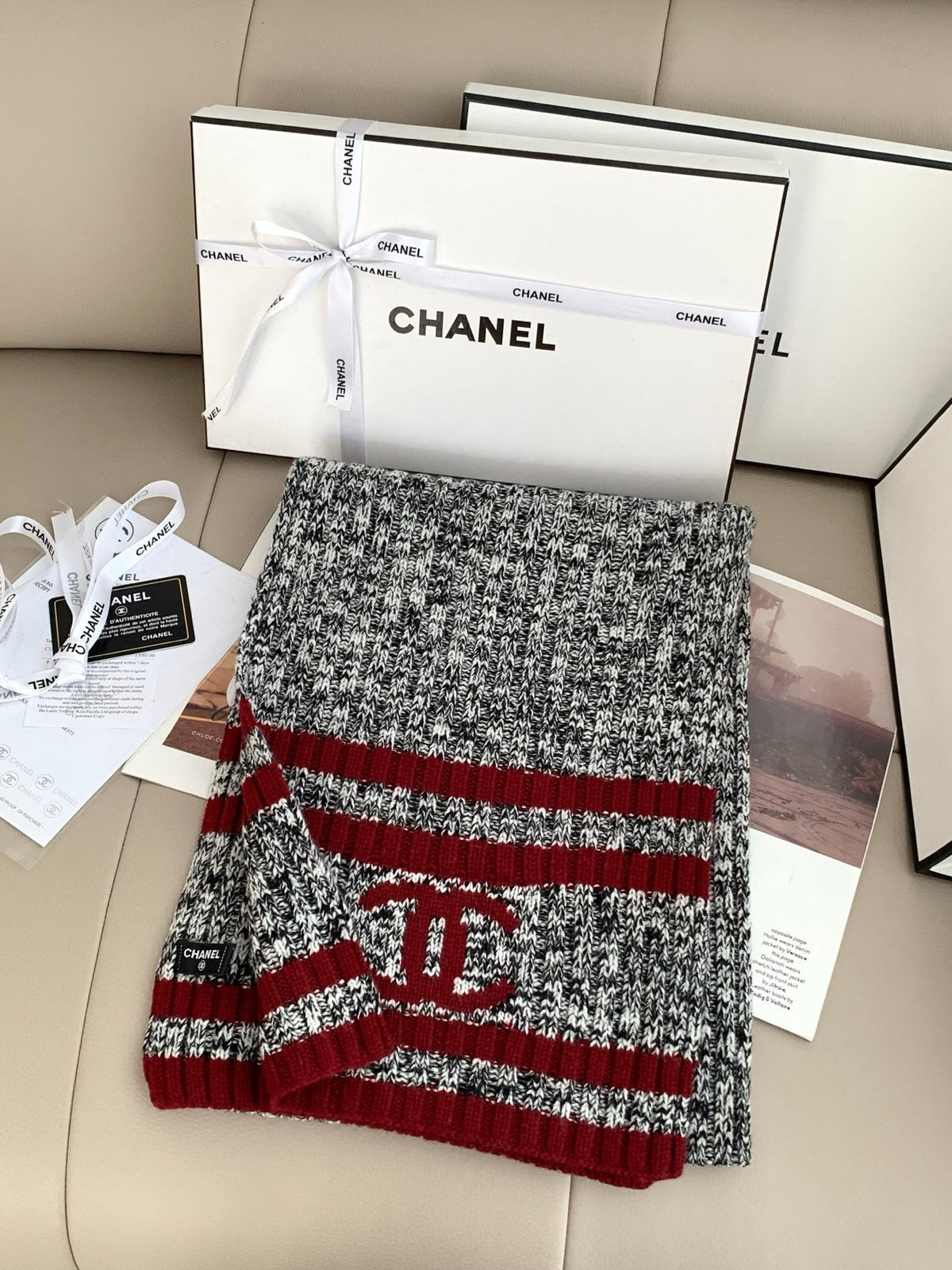 Chanel Style Marled Knit Scarf and Beanie Set