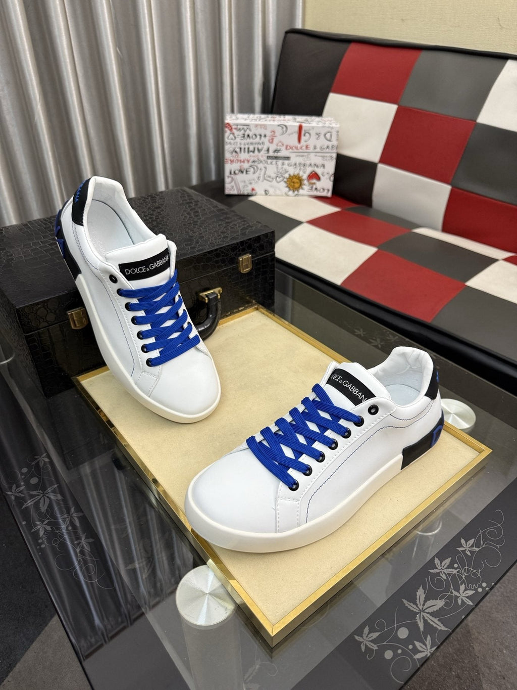 Dolce & Gabbana White Low-Top Sneakers with Blue Laces