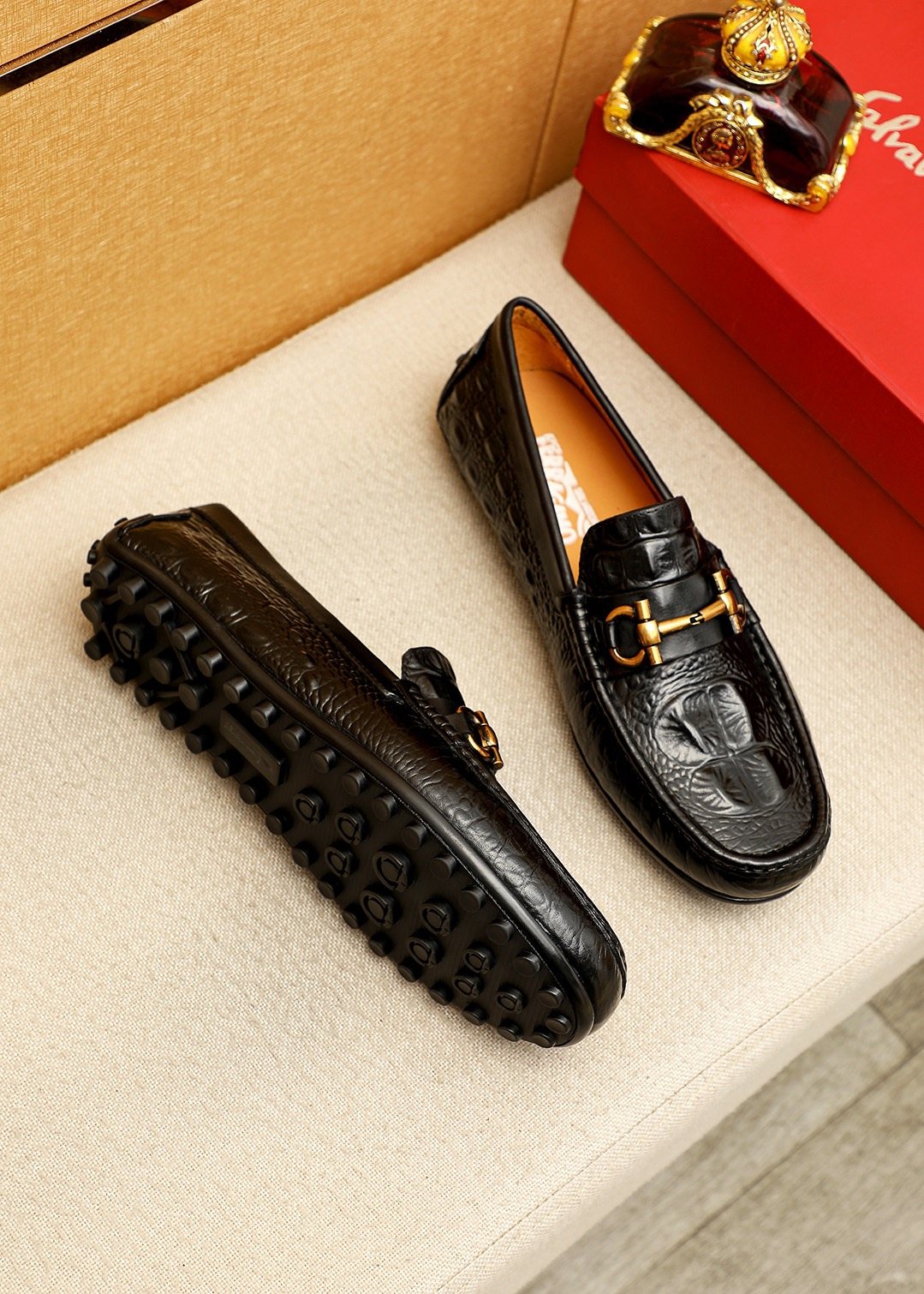Ferragamo Black Embossed Leather Loafers