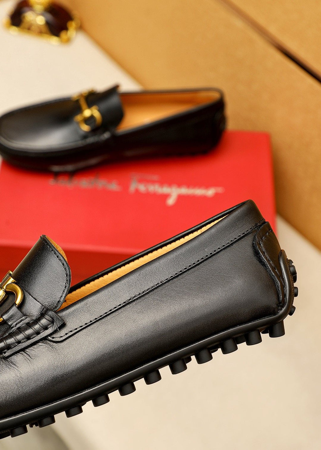 Ferragamo Black Gold-Tone Driving Loafers