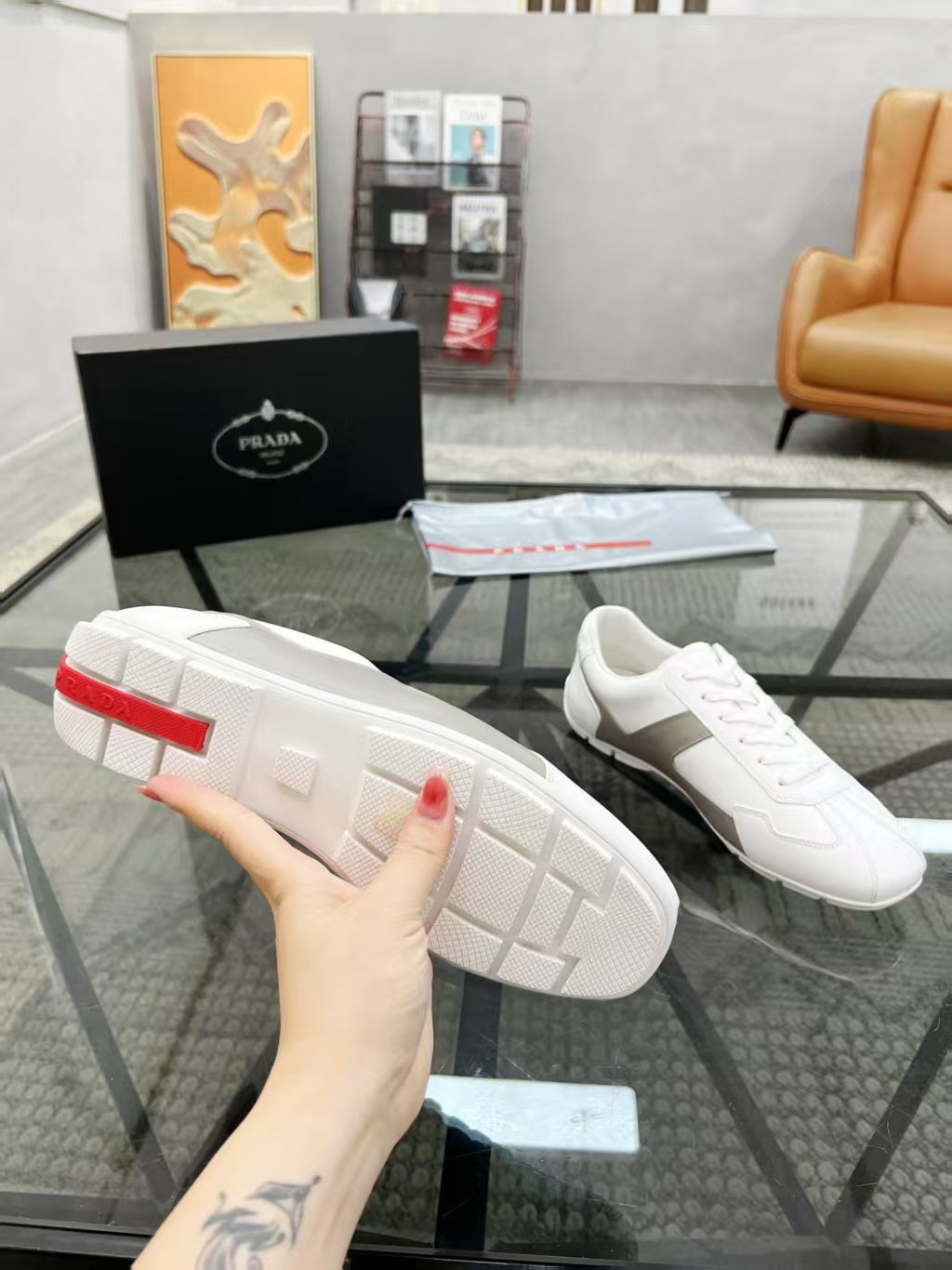 Prada Men's White and Taupe Low-Top Sneakers