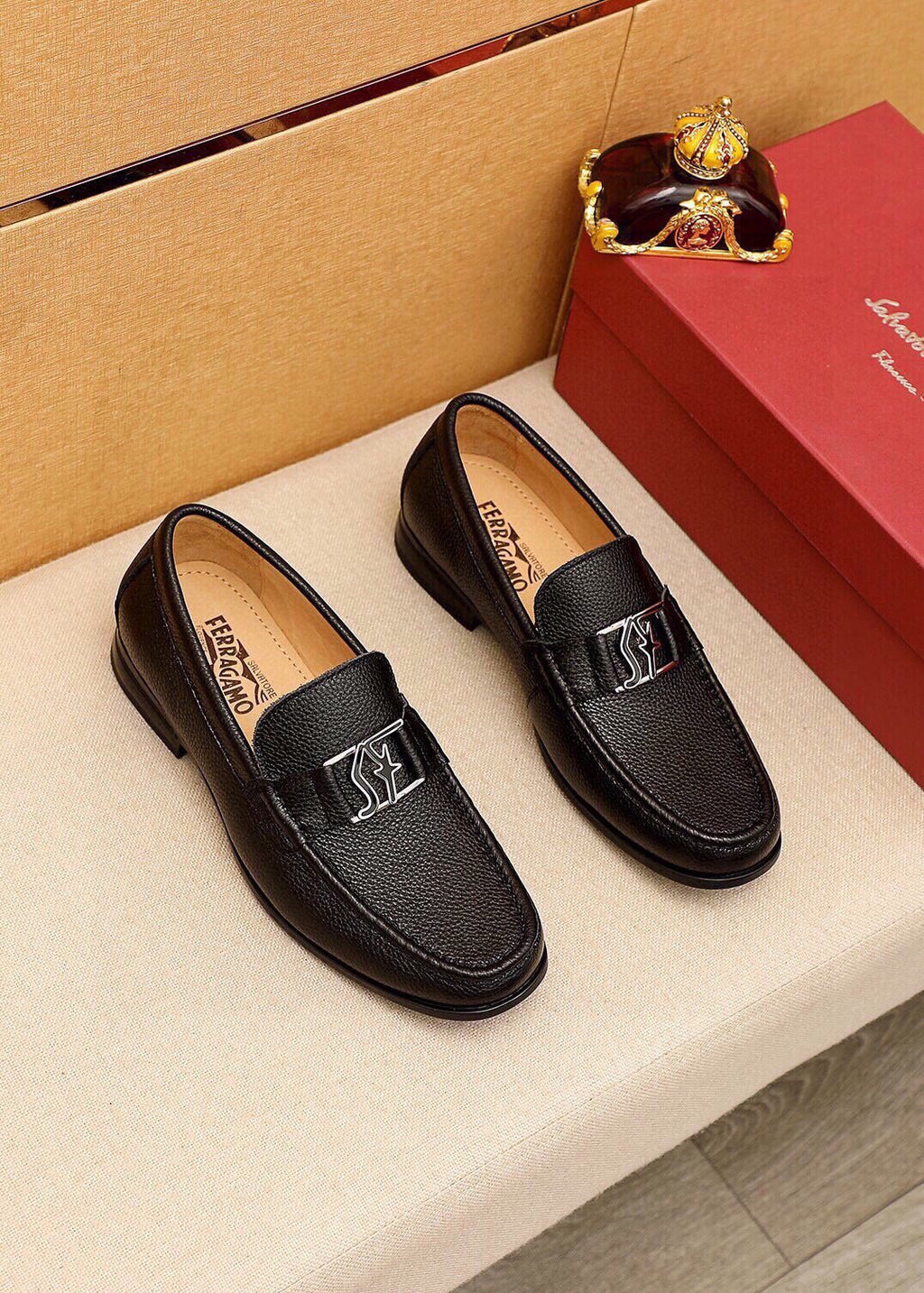 Ferragamo Black Pebbled Leather Loafers
