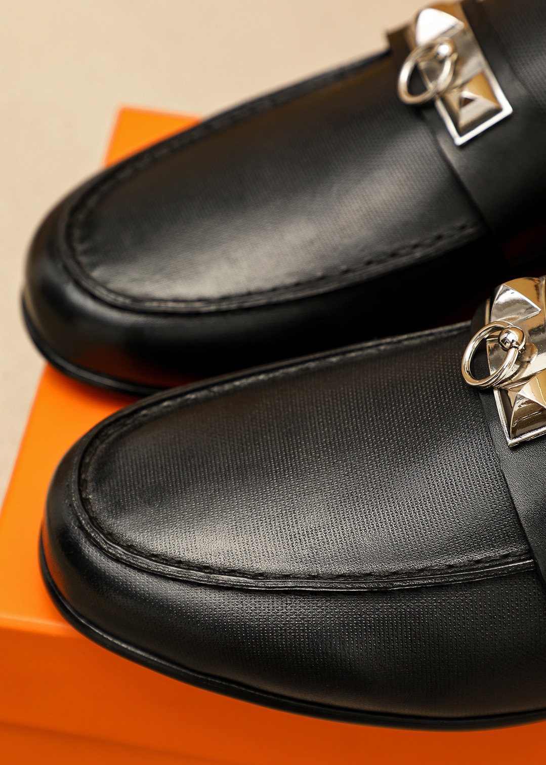 Hermes Black Leather Hardware Loafers