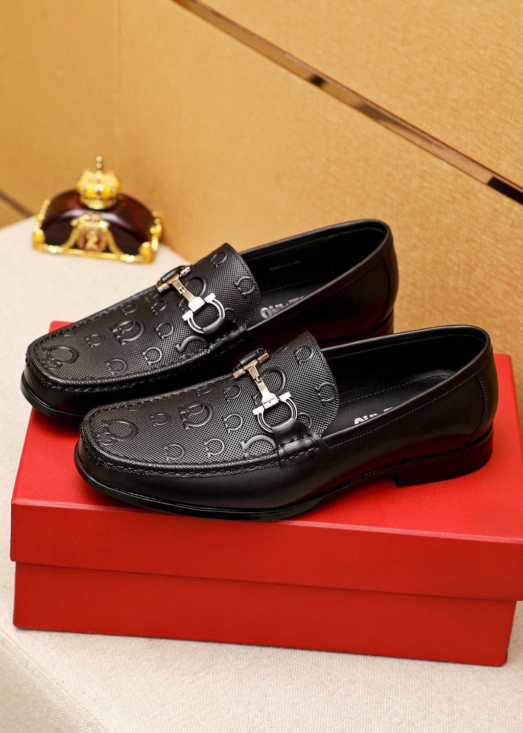 Ferragamo Black Embossed Buckle Loafers - Rubber Outsole