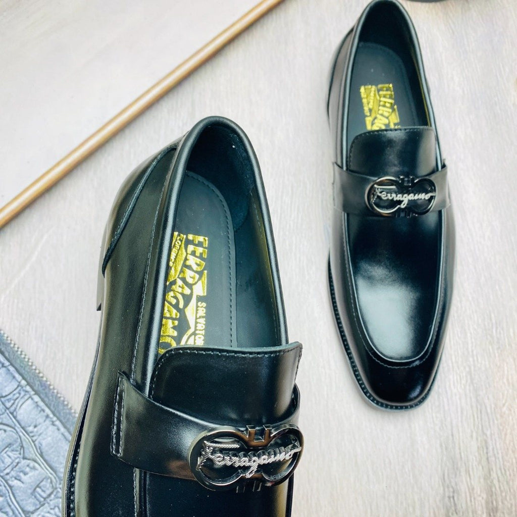 Ferragamo Black Metal-Accent Loafers