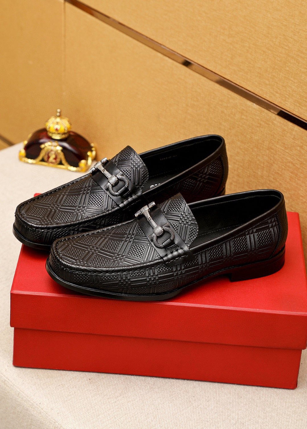 Ferragamo Black Embossed Buckle Loafers - Rubber Sole
