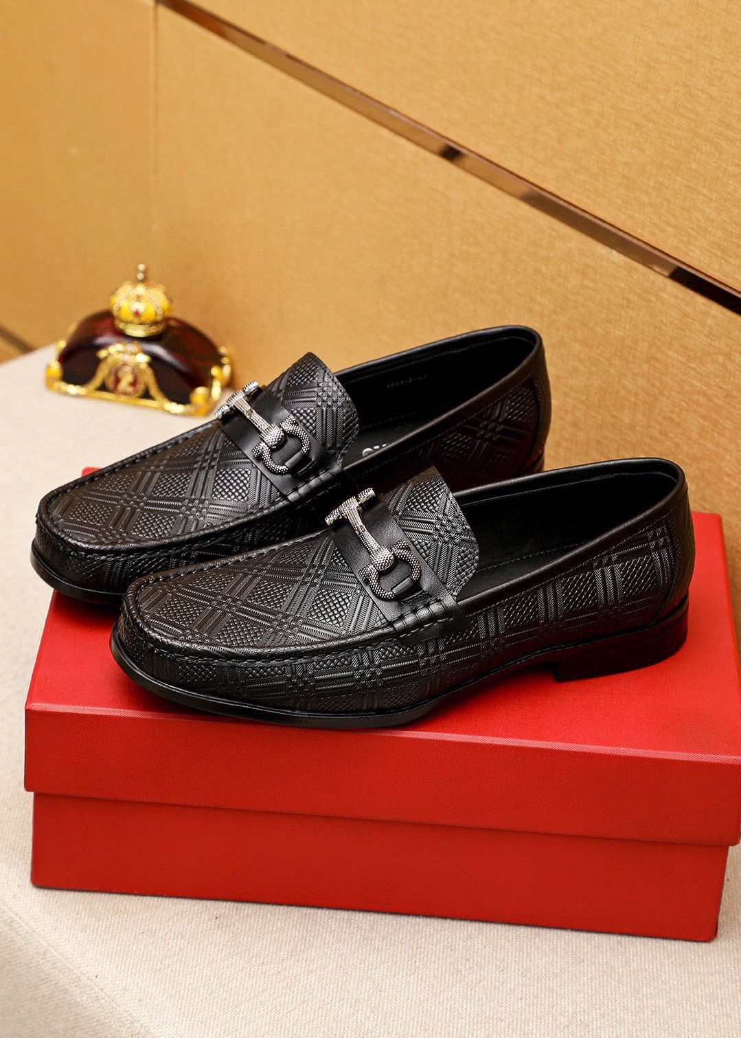 Ferragamo Black Embossed Buckle Loafers - Rubber Sole