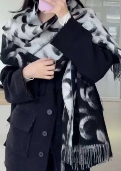 Chanel Black & White Fringed Scarf