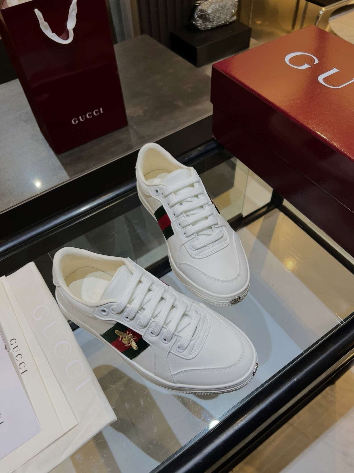 Gucci White Stripe Bee Low-Top Sneakers - White Rubber Sole