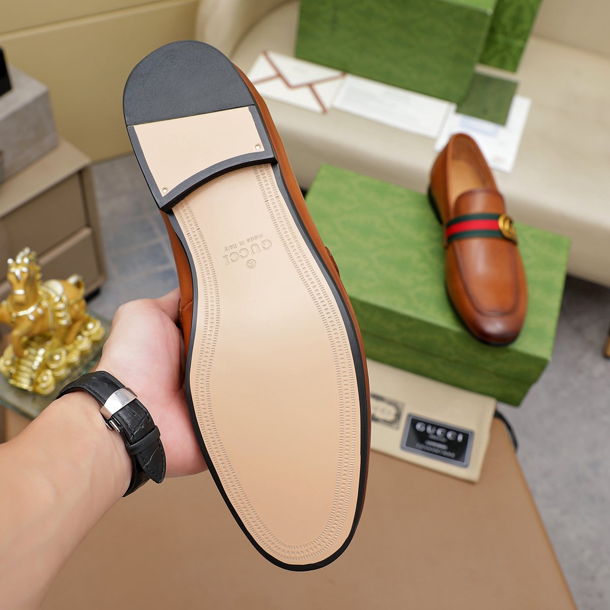 Gucci Striped-Strap Apron-Toe Loafers