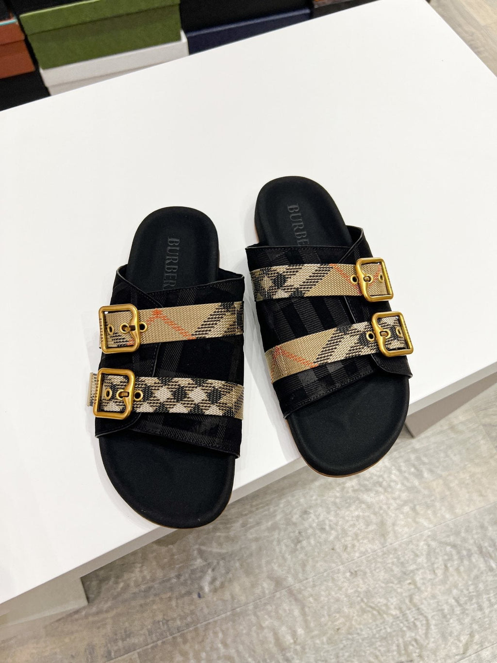 Burberry Check Buckle Slide Sandals
