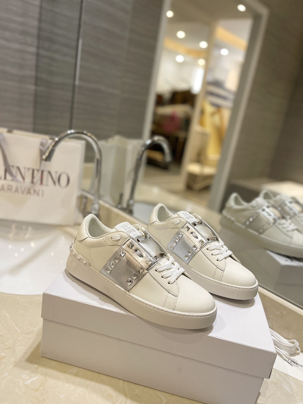 Valentino White Silver Studded Low-Top Sneakers