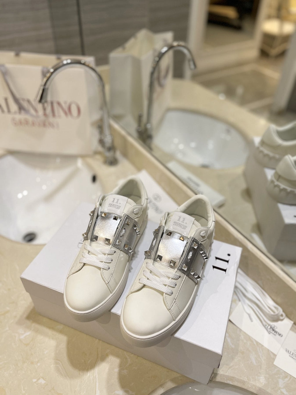 Valentino White Silver Studded Low-Top Sneakers