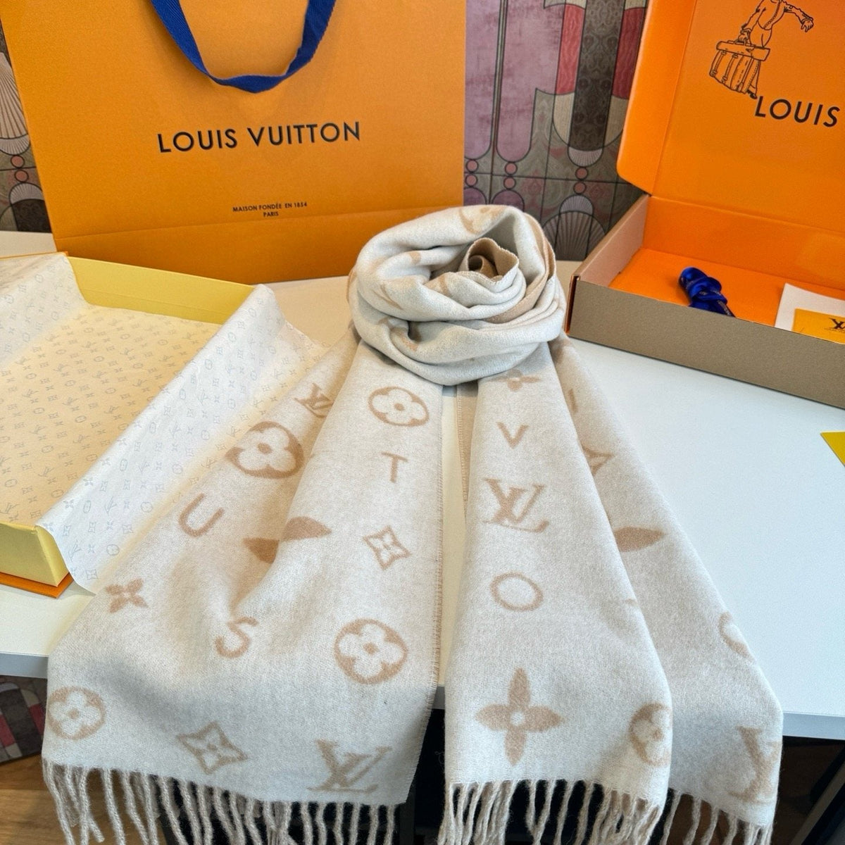 Louis Vuitton Fringed Wool Monogram Scarf