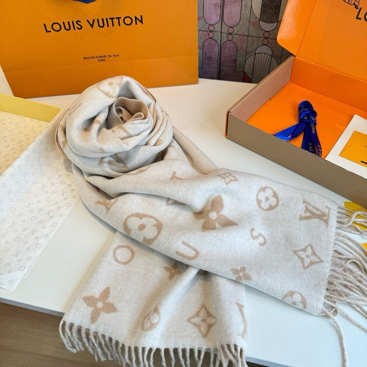 Louis Vuitton Fringed Wool Monogram Scarf